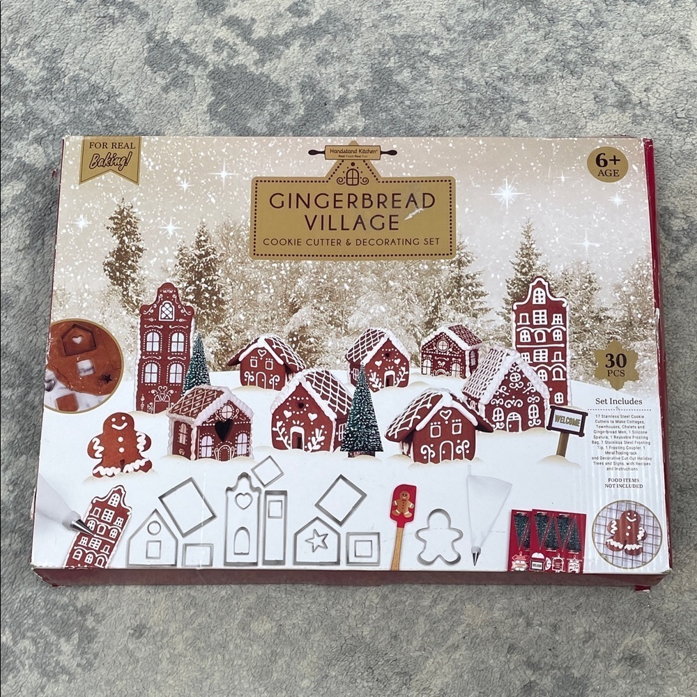 New Handstand Kitchen Gingerbread Village Cookie Cutter Decorating Set
